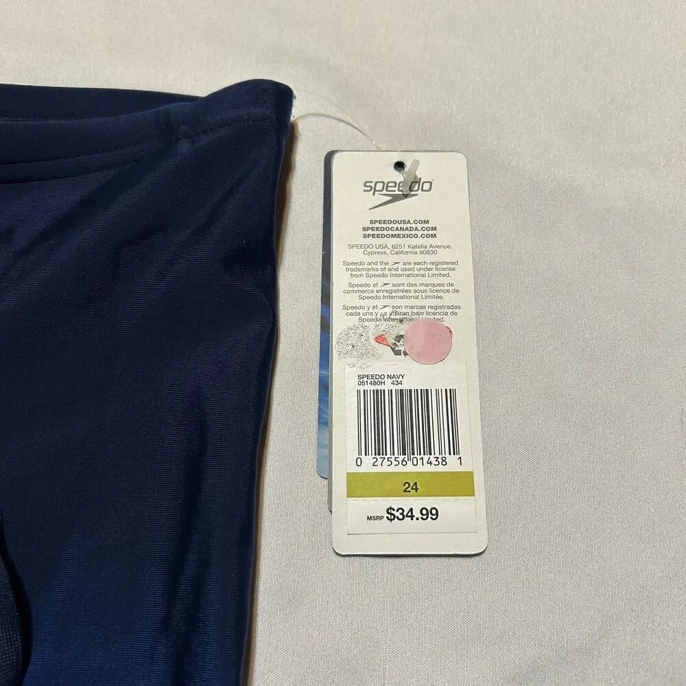 NWT Speedo Boys Team Navy Swimsuit Short Pro LT Size 24 Pull On Swimwear Bottom